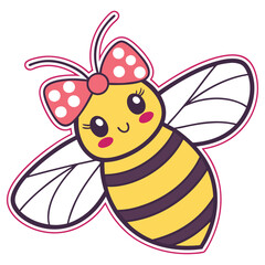 Cartoon Flying Bee with a Bow, Yellow Body with Black Stripes, Cute Character