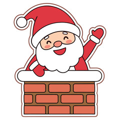 Cartoon Santa Claus Waving in Chimney, Red Hat, White Beard, Cheerful Face, Mitten Hand