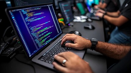 software engineer coding at a laptop in a minimalist creative studio, with projector showing graphs, youthful and driven vibe