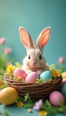 Fototapeta premium Bunny ears in the center of a colorful easter egg nest , nesting, outdoors