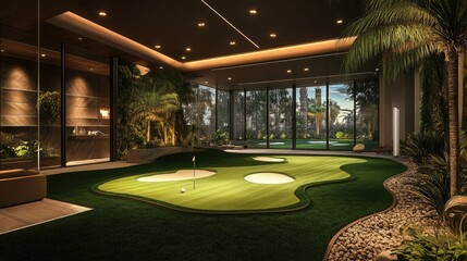 Luxurious indoor putting green surrounded by lush greenery and modern design, creating a serene golfing experience