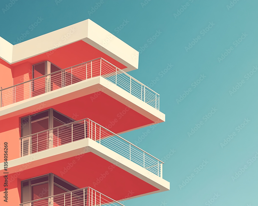 Poster coral building detail against a teal sky, showcasing modern architecture with layered balconies and 