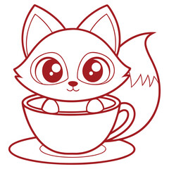 Simple Red Line Art Cartoon Fox Sitting Comfortably Inside a Teacup on Saucer