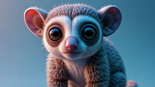 Cute Primate With Big Eyes Sitting On Blue Background With Warm And Cool Light