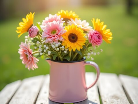 Pastel color enamel pitcher filled with vibrant flowers in a sunny outdoor setting
