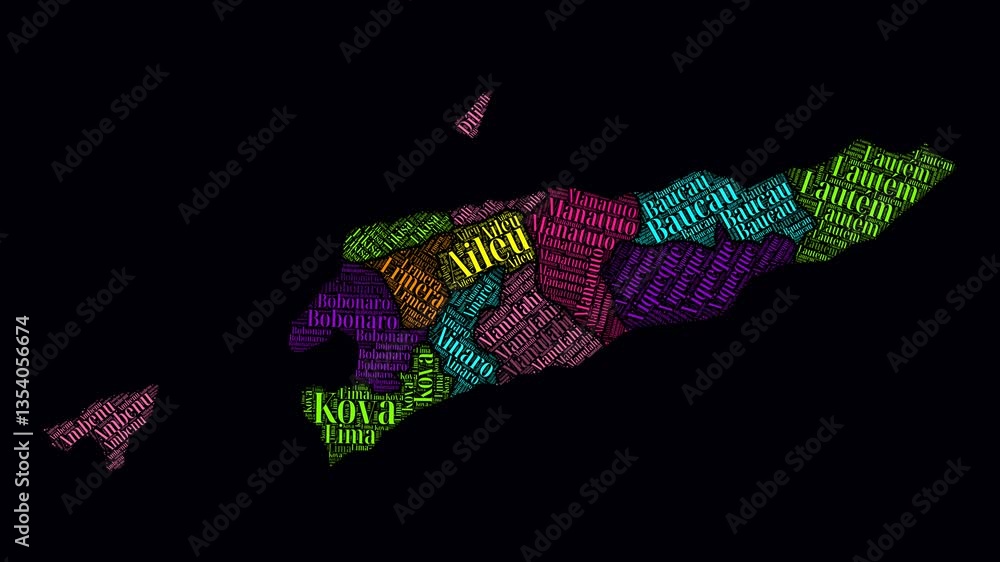 Poster timor-leste intro video. regions word clouds animation. timor-leste regions names in portuguese lang
