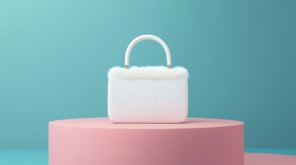 Elegant white handbag with soft fur accents displayed on a pastel pink pedestal against a vibrant turquoise background for fashion and accessory concepts