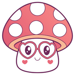 Fun Cartoon Mushroom Character Wearing Heart Glasses, Eyes and Smiling Face Design