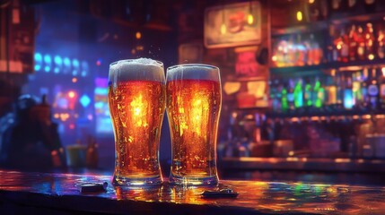 Two glasses of beer on a bar counter with blurred background, creating an atmosphere of evening relaxation. Suitable for advertising of bars, restaurants, articles about drinks and nightlife.