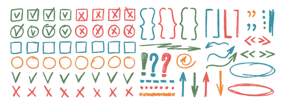 Check marks, arrow doodle set. Crayon underlines, quotation marks, brackets and signs. Scribble pencil emphasis note highlights. Vector hand drawn collection illustration isolated on white background.