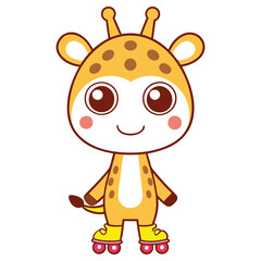 Cheerful Cartoon Giraffe with Big Eyes, Wearing Roller Skates and Smiling Face