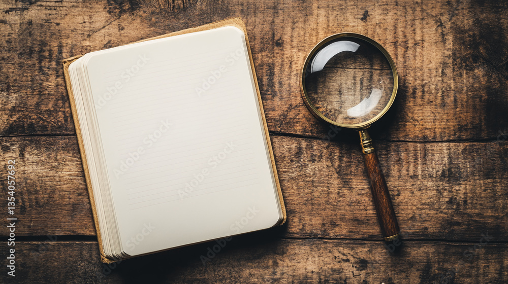 Aufkleber open notebook with lined pages and magnifying glass on rustic brown wooden surface, showcasing a con