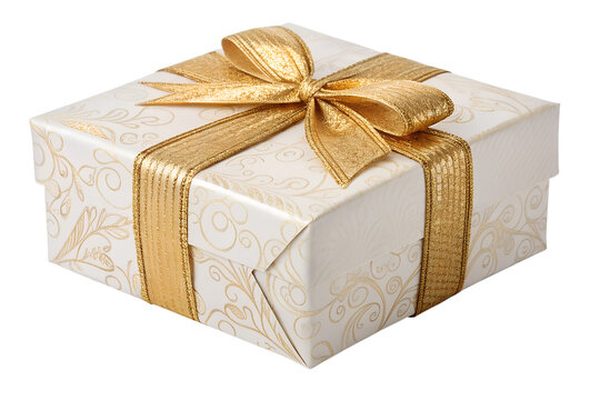Elegant gift box wrapped in white and gold decorative paper with shiny golden ribbon and bow, perfect for celebrations and special occasions