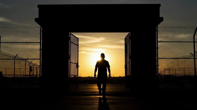 Silhouette of man in prison attire walks toward sunset light, evoking a sense of release and uncertain future