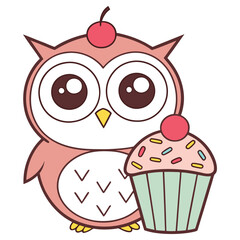 Cute Cartoon Owl Holding Cupcake Topped with Cherry on Isolated White Backdrop