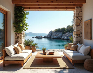 Fototapeta premium Cozy beachside lounge with sofas and sea view, Mediterranean-inspired decor. generative AI