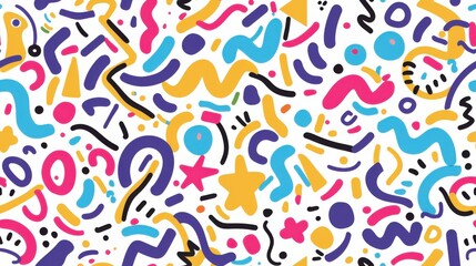 Seamless fun doodle pattern with colorful lines, playful shapes, and a trendy minimalist style.

