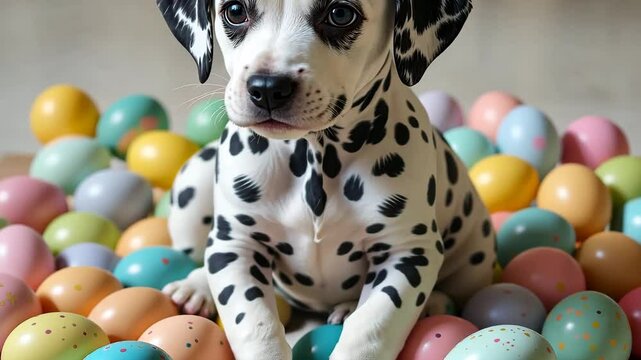 Dalmatian Puppy Among Pastel Colored Easter Eggs Holiday Celebration Theme Portrait View