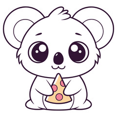 Cute White Bear Cartoon with Big Eyes, Eating Pizza Slice, Isolated on White Background