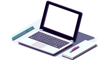 Isometric Icon of Laptop, Notebook, and Pen with Vibrant Colors

