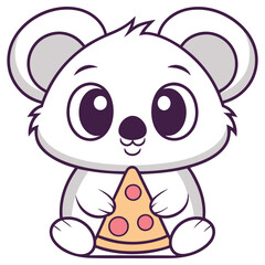 Cute Cartoon Koala Sitting and Holding Slice of Pizza, Isolated on White Background