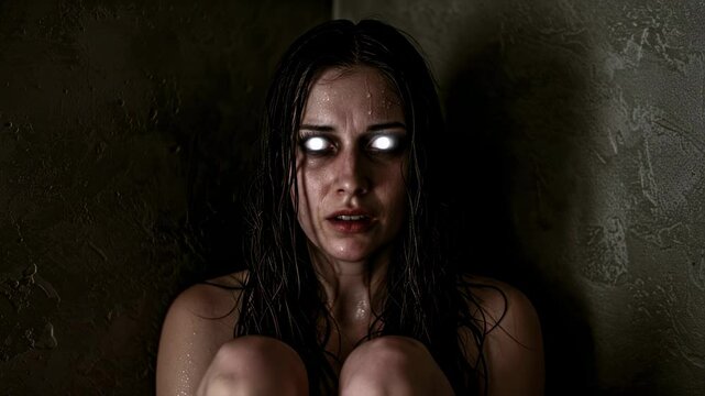 Woman with demonic white eyes sits in corner of dim room, expressing a mix of fear, possession and loss of control