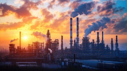 Industrial landscape at sunset showcasing smokestacks and factories emitting steam against a vibrant sky