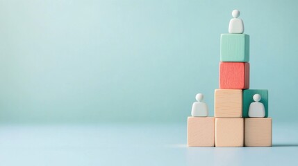 A Colorful Stack of Wooden Blocks with Figurines Representing Teamwork, Collaboration, Leadership, and Community in a Modern Business Environment