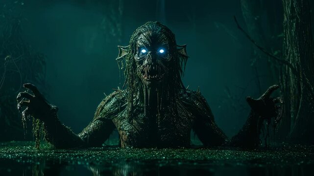 Creepy swamp creature with glowing eyes raises hands while emerging from water and approaching menacingly