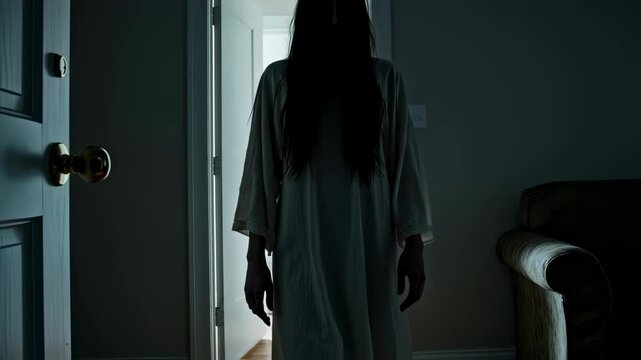 Figure with long hair in white dress slowly walks from bright hallway into dark room creating frightening tension