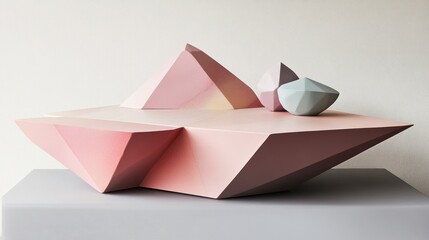 Abstract geometric sculpture, pink and grey, on display. Possible use Art photography, design inspiration, 3D modeling