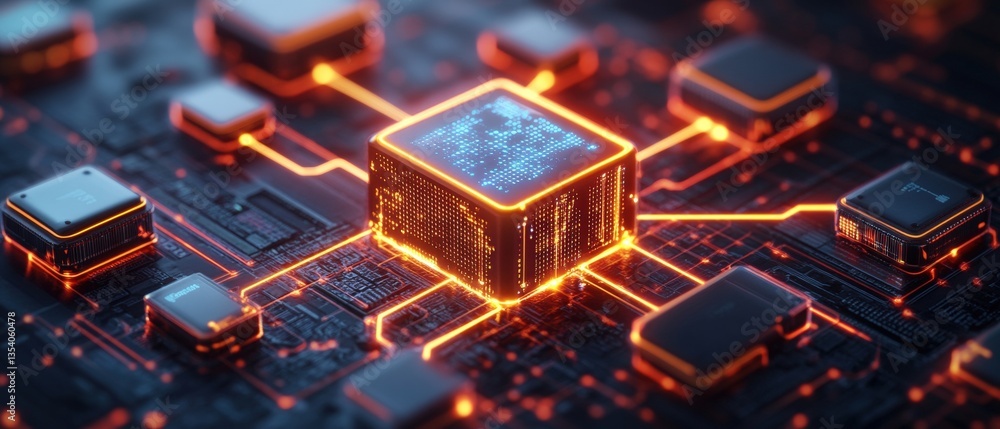 Poster close-up of a circuit board illuminated with glowing orange traces connecting computer chips and a b