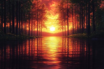Warm sunset reflects on the water between the trees in a colorful landscape