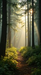Soft sunlight bathing a forest clearing, with contrasting shadows and bright highlights