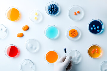 A laboratory scene with colorful petri dishes and a hand in a glove holding a syringe, representing experimentation and scientific exploration.