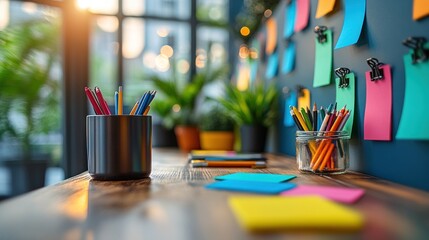 Modern workspace with colorful sticky notes and pencils