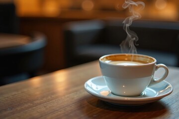 Fototapeta premium Espresso in small white cup on wooden table, steam rising from surface, wood, coffee cup, liquid