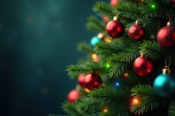Obraz premium Evergreen tree with colorful ornaments and lights, winter wonderland, Christmas tree decorations