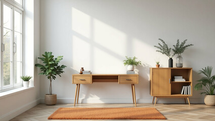 Fototapeta premium A calming minimalist interior design scene featuring a light-filled room and modern furniture