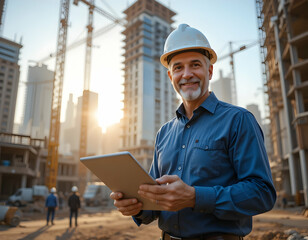 Smiling Construction Worker with Tablet at Construction Site on Sunny Day