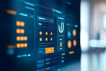 A digital interface displaying user ratings, feedback, and navigation options, highlighting a modern and interactive design.