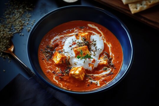 Rich and Velvety Paneer Lababdar - Deep Orange Tomato-Based Gravy with Cream Swirl, Indian Curry