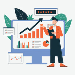 Fototapeta premium Business Growth Analysis Presentation with Analytics Dashboard Vector Illustration, Businessman presenting growth charts and analytics on digital dashboard. 