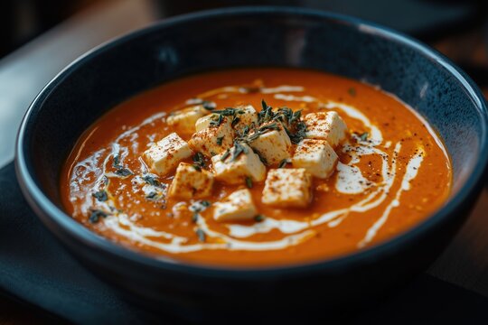 Rich and Velvety Paneer Lababdar - Deep Orange Tomato-Based Gravy with Cream Swirl, Indian Curry