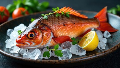 Fresh catch of the day served on ice , fish, seafood restaurant