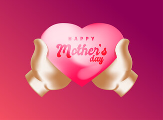 mothers day design with 3d heart love and finger in modern gradient color