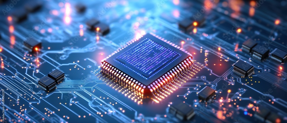 Poster close-up view of illuminated cpu chip on complex circuit board with integrated circuits highlighting