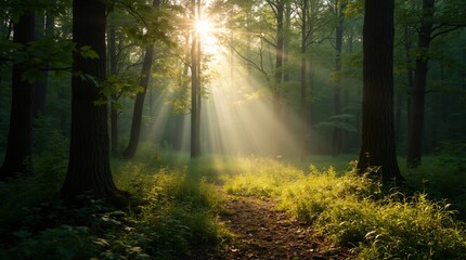 Naklejka premium Soft sunlight bathing a forest clearing, with contrasting shadows and bright highlights
