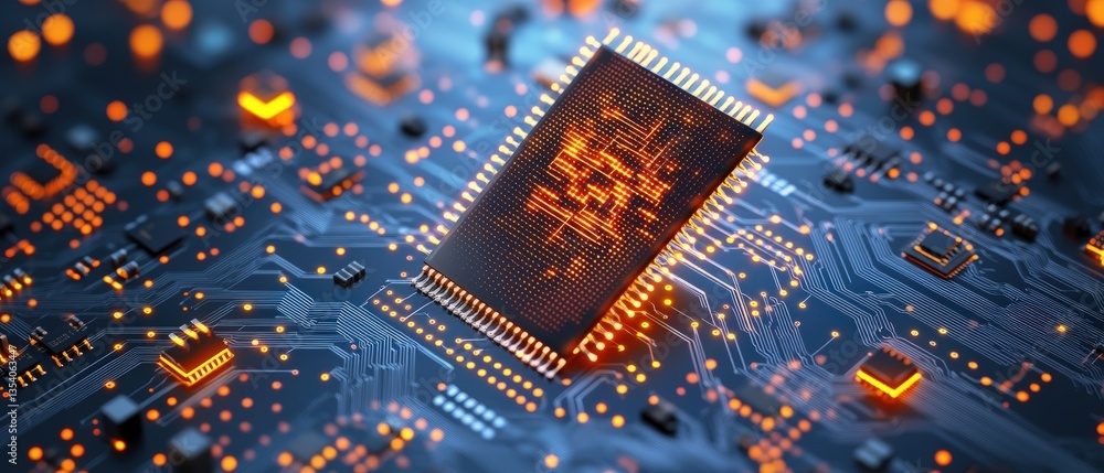 Aufkleber close-up view of a glowing orange computer microchip on a circuit board showcasing intricate circuit