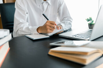 Education concept, learning and teaching with technology, e learning, teaching skills, digital online knowledge, cyberspace global, blur background banner white. hand playing laptop on desk indoor.